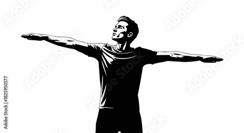 Man with outstretched arms looking up in black and white.
