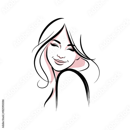 Elegant portrait of a smiling woman with flowing hair in modern line art style