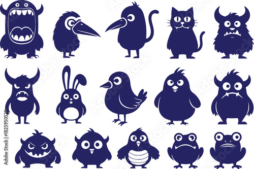 Vector art of cute cartoon monsters, birds, cat, rabbit, and frogs set 