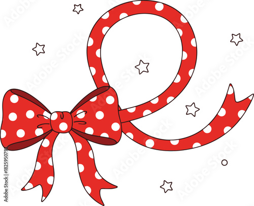 A festive flat vector illustration of a red polka-dot ribbon tied into a bow with a long curling tail and decorative stars,