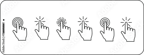 Set of touchscreen hand gesture icons showing tap click touch interaction on smartphone display for mobile interface navigation and user experience design