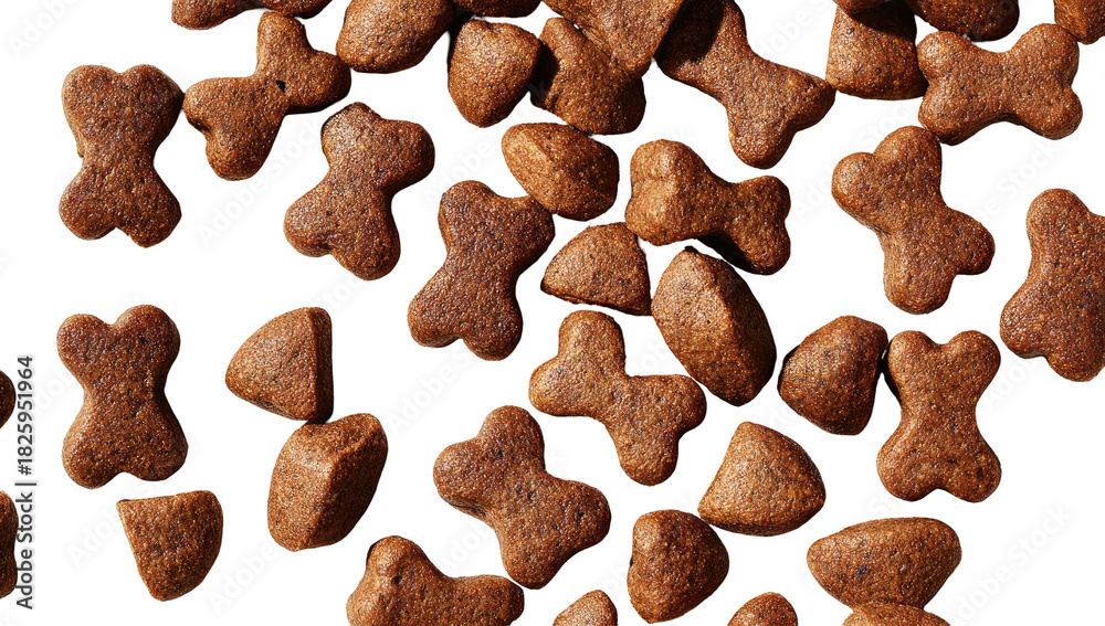 Fototapeta premium A close-up, overhead view of assorted brown pet food kibbles