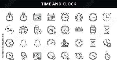 Time and clock icon set, stopwatch symbols, calendar reminders, hourglass timer collection, schedule management, alarm notification, 24-hour service illustration