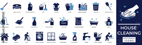 house cleaning icon set featuring broom, glove, housekeeping, mop, maid, vacuum, service, spray, washing, dusting, and hygiene symbols. easy to edit and perfect for household, and maintenance designs.