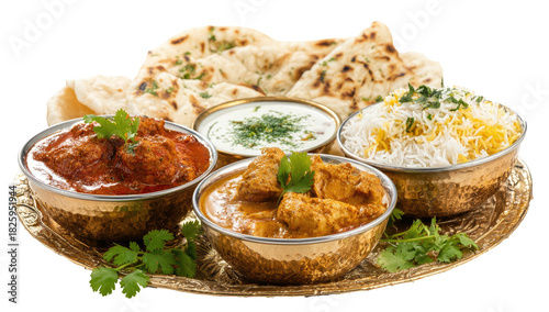 Rich Indian cuisine with curries, rice, yogurt, and flatbreads