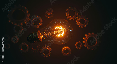 Creative innovation concept with a glowing filament light bulb illuminating surrounding mechanical cogs and gears on a dark background