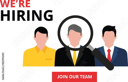 We’re hiring recruitment illustration showing candidate selection, job vacancy announcement, magnifying glass search, professional team hiring advertisement for business HR use
