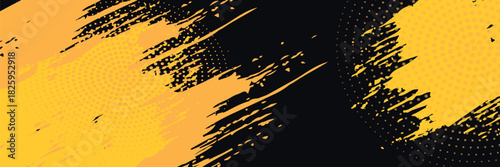 Black and yellow abstract background with brush stroke and halftone style. abstract grunge
