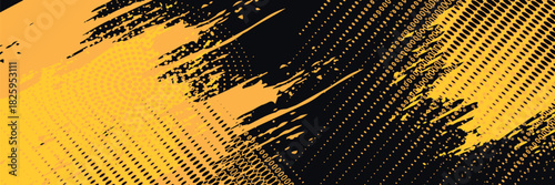 Black and yellow abstract background with brush stroke and halftone style. abstract grunge