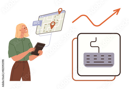 Woman interacting with a tablet displaying a map with location pins. Nearby, graphs and symbols represent technology and growth concepts. Ideal for navigation, planning, data analysis, innovation
