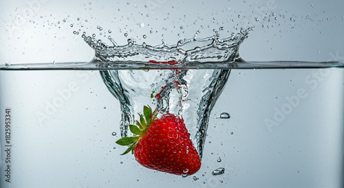 Vibrant red strawberry plunges into crystal clear water, creating a dynamic crown splash against a clean, light blue background