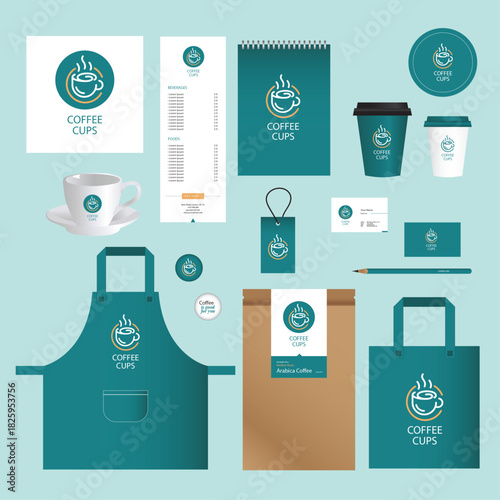 An ensemble of teal and white branded items