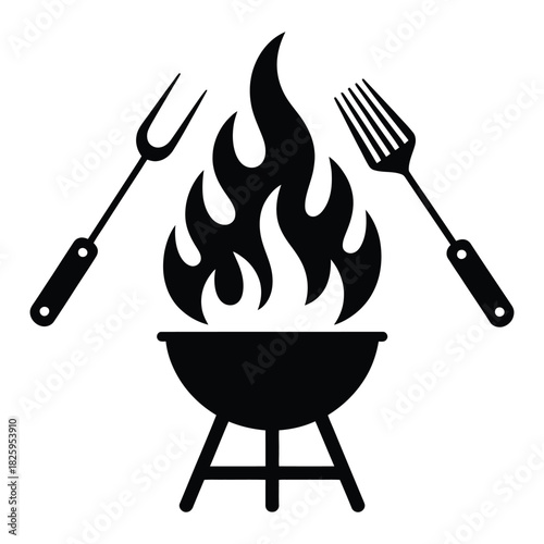 Barbecue flames with utensils Vector, Silhouette, Illustration