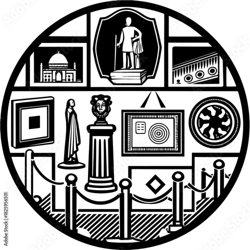 A Museum's Treasures: A circular emblem featuring various art and artifacts on display.

