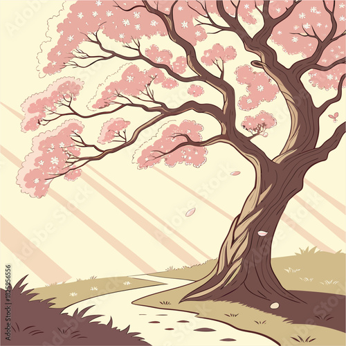 Blossoming Cherry Tree Path: A stylized springtime illustration for stock content.

