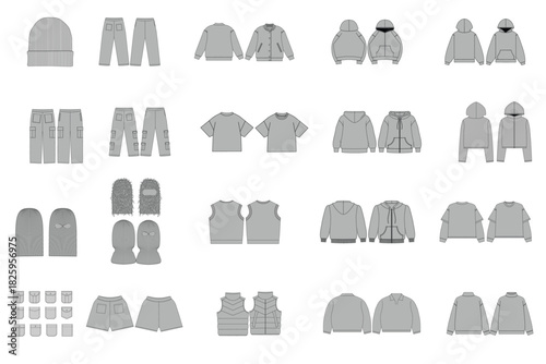 Clothing design sheet of assorted apparel beanie pants balaclava Tshirt vest sweatshirt jacket and shorts Front and back views