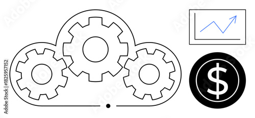 Cloud with integrated gears, line chart showing upward trend, and dollar sign. Ideal for business process, finance, technology, growth, innovation automation and synergy narratives. Simple flat