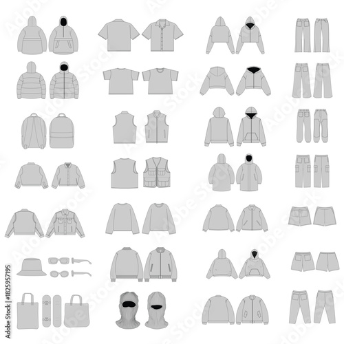 Clothing sketch sheet displaying various apparel items in symmetrical front  back views
