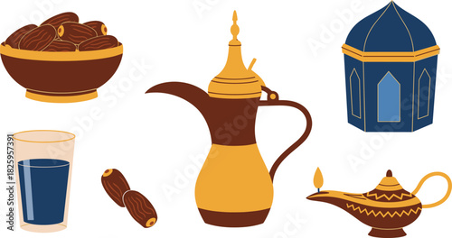 Collection of arabic dallah coffee pot dates lantern and lamp