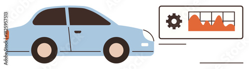 Light blue car beside a display graph and gear icon indicating data diagnostics, monitoring, or performance analysis. Ideal for automotive technology, repair, innovation, efficiency, maintenance