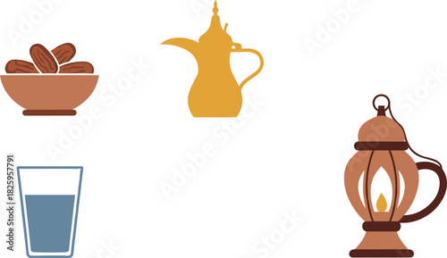 Ramadan iftar symbols dates coffee dallah lantern and water