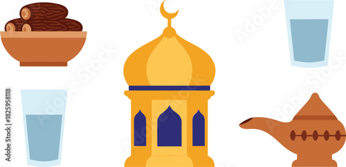 Islamic ramadan iftar symbols including dates lantern and water