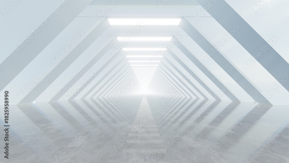 Fototapeta premium Abstract architecture tunnel space with empty concrete floor, Geometric with neon light, Sci-fi interior for product presentation, 3d rendering