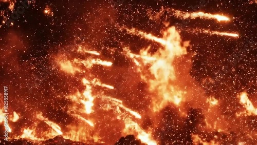 Intense Fire Inferno With Glowing Embers And Smoke Billowing In Dark Night Sky Dramatic Orange Flames Engulfing The Scene