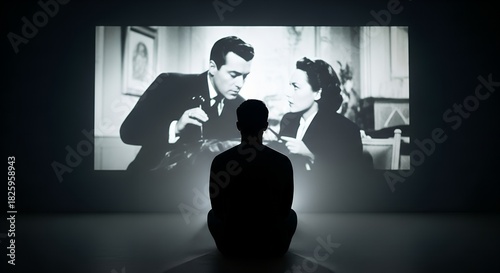 Person watching classic black and white movie on large screen  