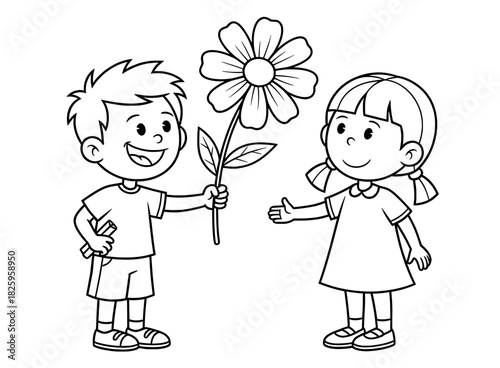 Two children, a boy and a girl, are happily exchanging a flower, showcasing friendship and joy in a playful coloring page illustration for kids