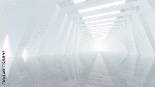 Fototapeta Naklejka Na Ścianę i Meble -  Abstract architecture tunnel space with empty concrete floor, Geometric with neon light, Sci-fi interior for product presentation, 3d rendering