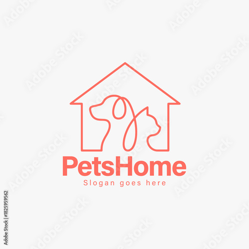 A logo pet home that features a dog and a cat for animal hotel and animal care.