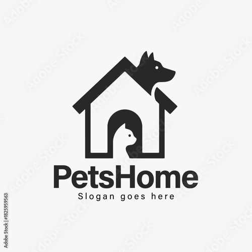 A logo pet home that features a dog and a cat for animal hotel and animal care.