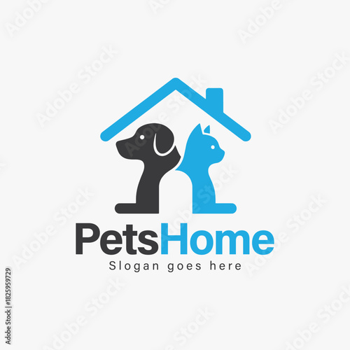 A logo pet home that features a dog and a cat for animal hotel and animal care.