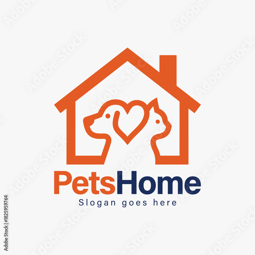 A logo pet home that features a dog and a cat for animal hotel and animal care.
