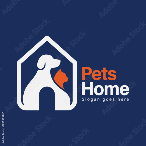 A logo pet home that features a dog and a cat for animal hotel and animal care.