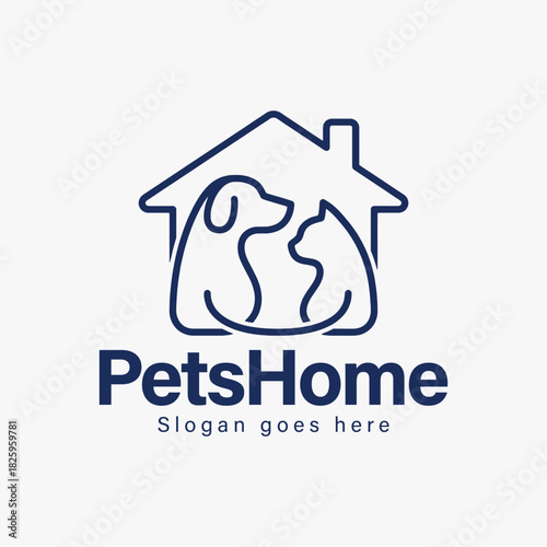A logo pet home that features a dog and a cat for animal hotel and animal care.