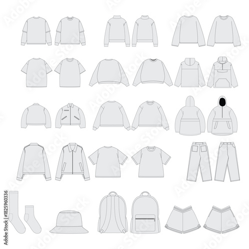 Garment sketch set neutral tones of tops pants socks hat and bags