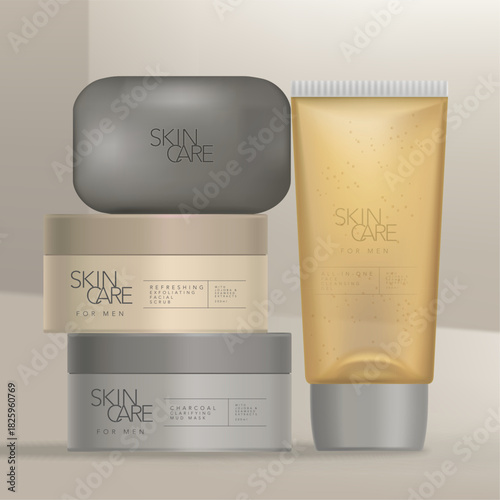 Four skincare products stacked soap exfoliating scrub mud mask  cleansing gel