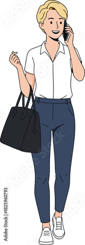 A blonde woman walking while talking on the phone, woman talking on mobile phone vector illustration, carrying a bag 