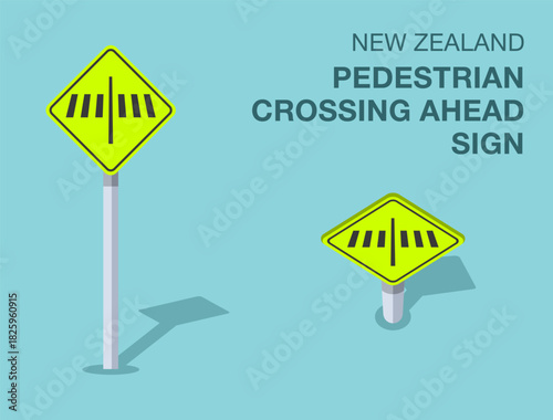 Traffic regulation rules. Isolated New Zealand "pedestrian crossing ahead" road sign. Front and top view. Flat vector illustration template.