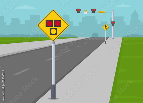 Traffic regulation rules and tips. Empty street view. Close-up of "Hawk beacon ahead" sign, crosswalk with hawk signal at the background. Flat vector illustration template.