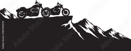 Motorcycle Mountain Adventure Silhouette – Bikers, Pines & Rugged Peaks