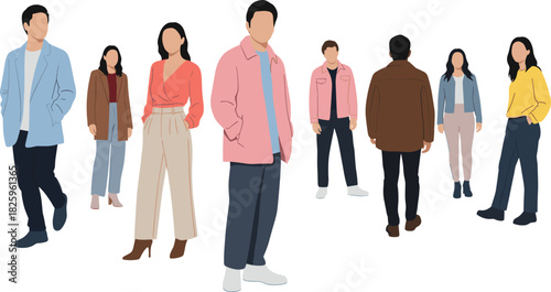 Diverse group of stylish faceless people standing together in modern casual outfits, flat illustration of men and women fashion poses