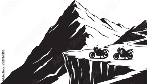 Motorcycle Mountain Adventure Silhouette – Bikers, Pines & Rugged Peaks