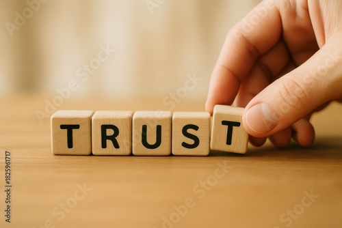 Hand placing wooden blocks spelling 'TRUST', symbolizing the importance of trust in personal and professional relationships. Concept of integrity, reliability, and connection.