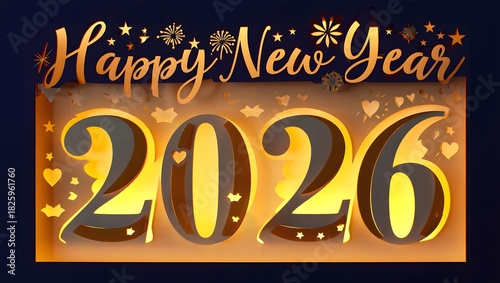 Happy new year 2026 festive greeting card design with golden numbers, sparkling stars, and fireworks on a dark background, celebrating the upcoming year with elegance and joy