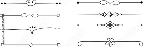 Set of black decorative line dividers with simple vintage ornaments and geometric vector designs.divider marker sketch doodle vector lines set element.set retro decorative page dividers design 
