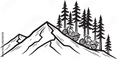 Motorcycle Mountain Adventure Silhouette – Bikers, Pines & Rugged Peaks