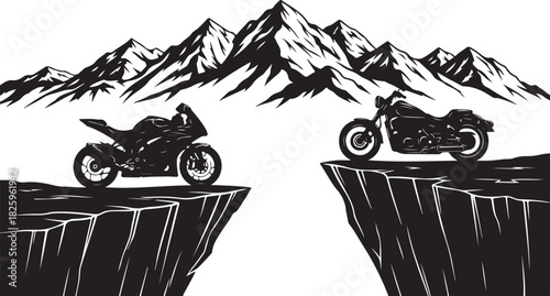 Motorcycle Mountain Adventure Silhouette – Bikers, Pines & Rugged Peaks